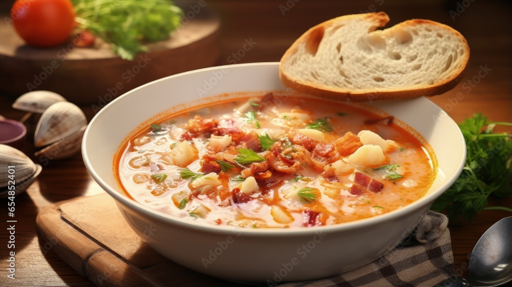 Close up of a tomato clam chowder soup with shellfish and bacon in a bowl on the table