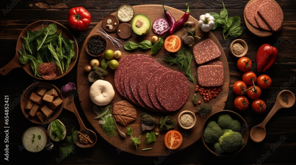 Vegetarian meat products arranged on a wooden table for a plant based diet Vegetarian meat products arranged on a wooden table for a plant based diet