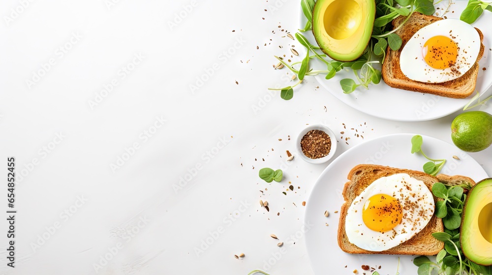 Healthy breakfast with avocado egg sandwiches coffee and whole grain toasts topped with mashed avocado fried eggs and organic microgreens served on a white table - obrazy, fototapety, plakaty 