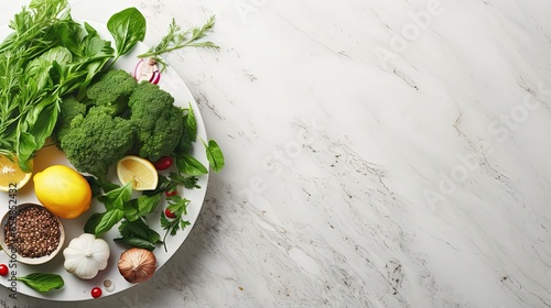 Top view of vegan detox diet concept fresh greens vegetables and grains on grey marble countertop white plate in center