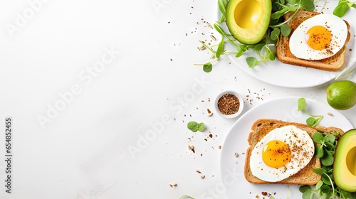 Healthy breakfast with avocado egg sandwiches coffee and whole grain toasts topped with mashed avocado fried eggs and organic microgreens served on a white table