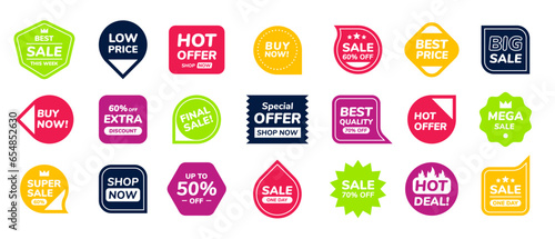 Sale stamps. Special offer sticker. Bright circle label. Round price seal. Best promotion tag. Ribbon icon. Store marketing symbols. Discount emblems. Vector shopping banners design set
