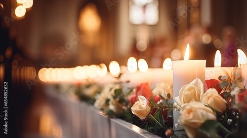 Wedding day specifics Church decor with plants candles and film like texture