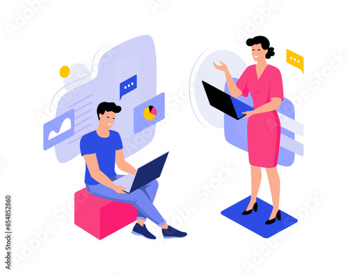 Digital work. People with laptops. Computer technology. Business characters. Office marketing. Internet chatting. Freelance woman and man. Professional communication. Vector concept