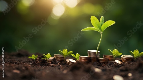 Coin pile with blurred foliage backdrop includes growing seedlings