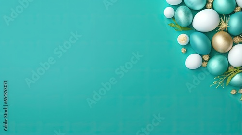 Easter themed fitness frame with green dumbbells and colorful eggs on a blue background Top down view with room for text