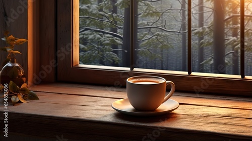 Hot beverages on wooden table next to window © vxnaghiyev