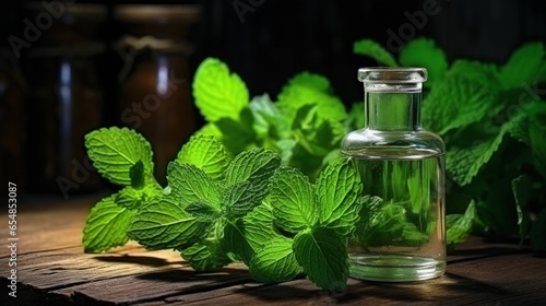 Medicinal herbs fresh mint in glass bottles wooden table Alternative medicine