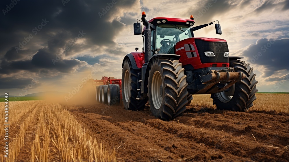 Precision farming is used in Czech Republic with a modern red tractor that seeds into stubble using red equipment and GPS Precision farming is used in Czech Republic with a modern red tractor that seeds into stubble using red equipment and GPS