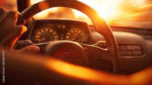 Close up of hands on a steering wheel with shallow depth of field, generated by AI photo