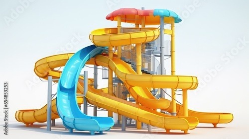 3D rendering of water park slides on white background seen from the front