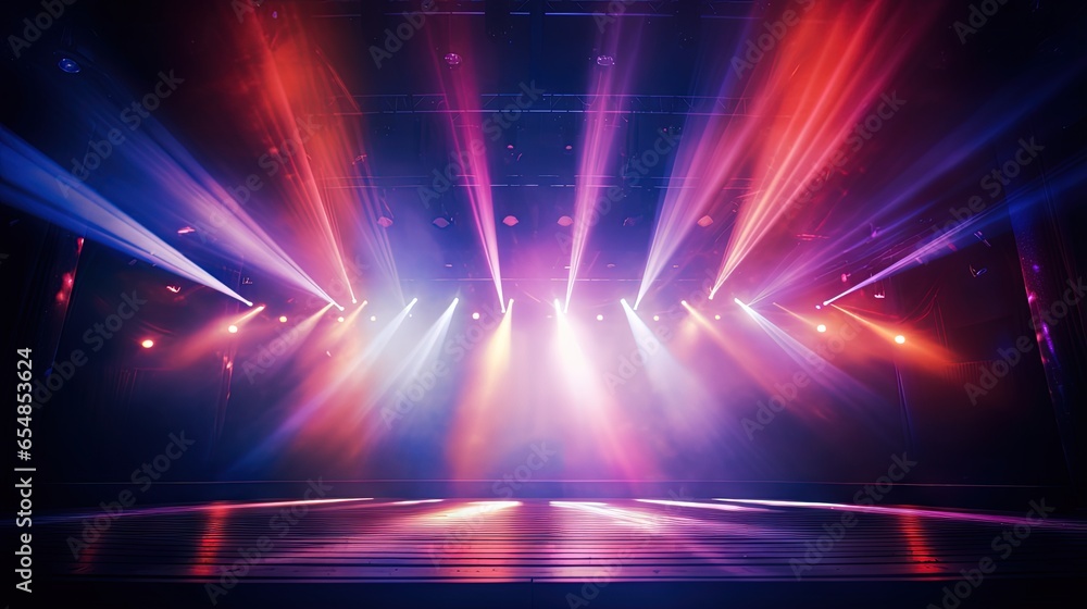 Fototapeta blurred empty theater stage with fun colourful spotlights abstract image of concert lighting illumination background