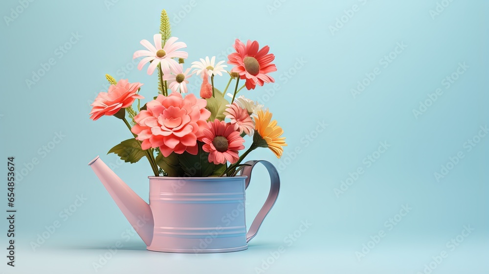 Advertisement concept featuring 3D rendered pastel blue background with vibrant flowers and green leaves in a pink water can Minimal nature theme Advertisement concept featuring 3D rendered pastel blue background with vibrant flowers and green leaves in a pink water can Minimal nature theme