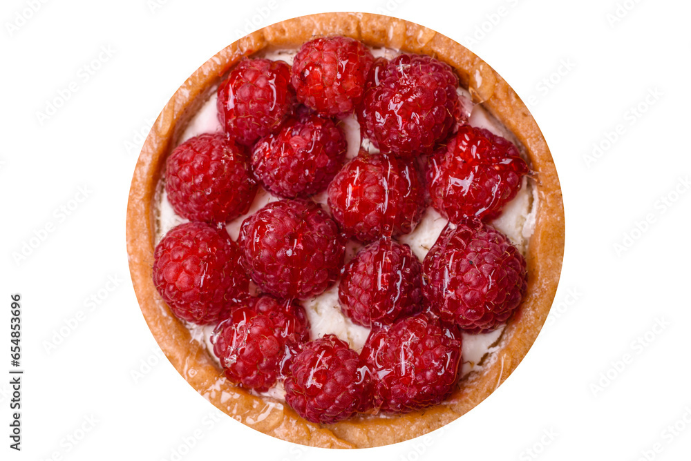 Delicious fresh sweet round tart with ripe raspberries and cream - obrazy, fototapety, plakaty 
