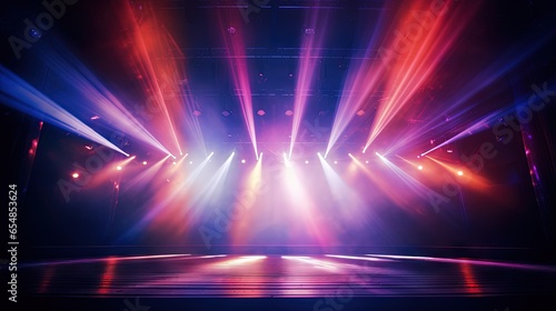 blurred empty theater stage with fun colourful spotlights abstract image of concert lighting illumination background