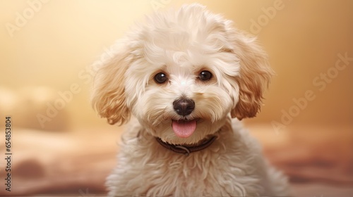 Curly dog Maltese poodle hybrid in studio photo with beige backdrop