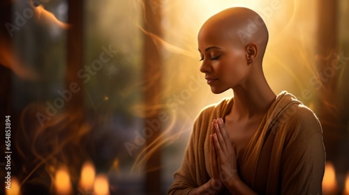 Bald woman in a wellness sanctuary.generative ai  © Luke