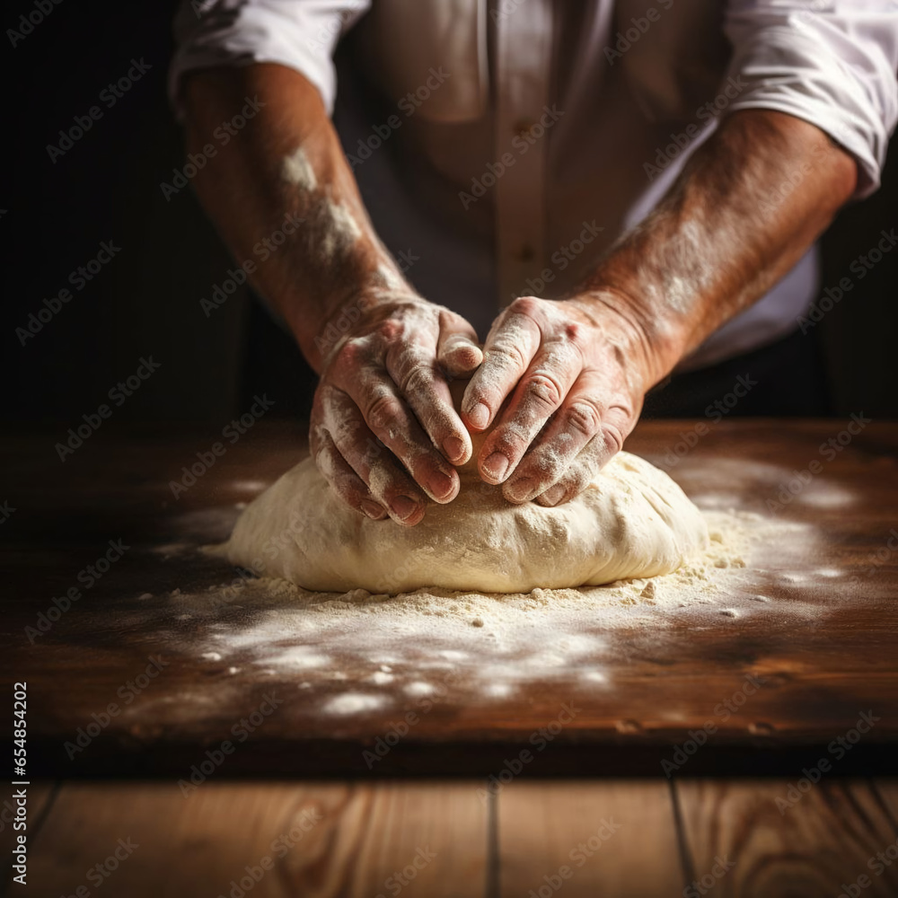 Man preparing bread dough on wooden table in a bakery,  kneading dough on dark background.
Baker cooking bread. Man's hands Making bread
