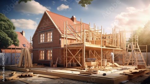 Construction site for a brick single family house with a wood roof
