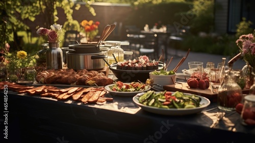 Luxurious summer backyard party with elegant decor delicious outdoor catering and festive atmosphere
