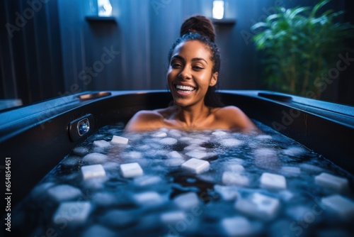 Relaxed Woman Enjoying a Rejuvenating Ice Bath Onsen Spa, Surrounded by Ice Cubes, Reflecting Wellness and Relaxation