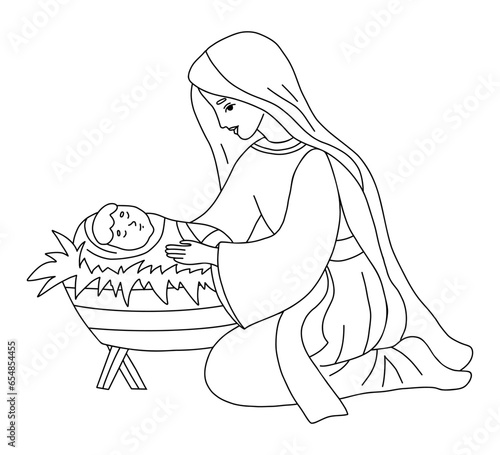 Merry Christmas. Virgin Mary and baby Jesus in manger. Birth of Savior Christ. Vector illustration. outline hand drawing doodle for Xmas holiday design, decor, postcards, coloring.