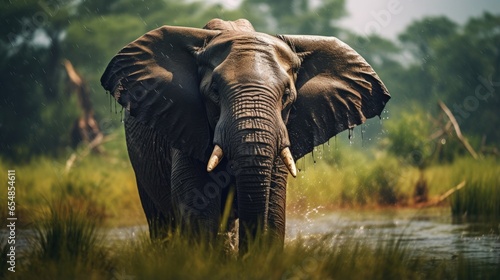 Elephant walking in natural habitat in Uganda Africa Elephant in rain in Victoria Nile delta Elephant in Murchison Falls NP Uganda Large mammal in green grass forest vegetation © vxnaghiyev