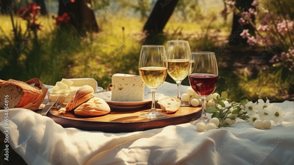 Outdoor picnic for two with a white blanket cheese pastries snacks wine glasses and in the garden