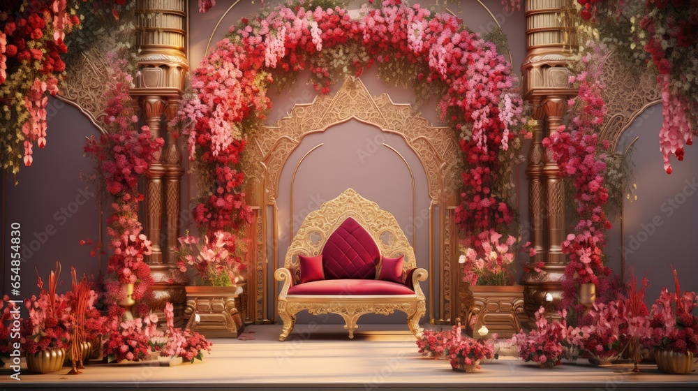 Indian wedding stage adorned with exquisite flower decorations