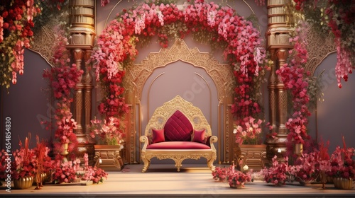 Indian wedding stage adorned with exquisite flower decorations