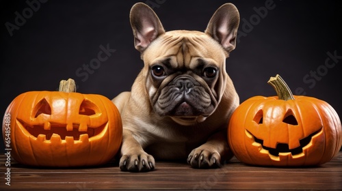 Frightened French bulldog next to a pumpkin isolated on white background © vxnaghiyev