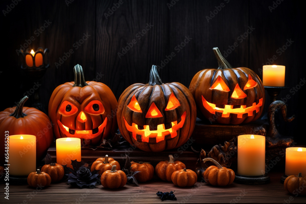 A picture of halloween pumpkins and candles on a wooden surface, halloween celebrations photo