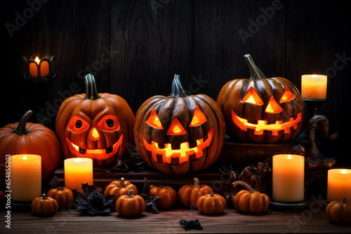 A picture of halloween pumpkins and candles on a wooden surface, halloween celebrations photo