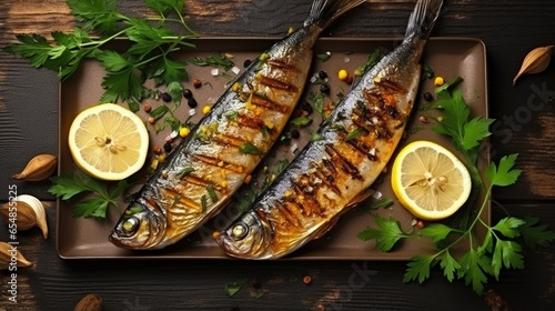 Grilled mackerel fish with lemon herbs and spices menu banner top view