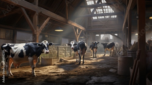 Cows housed in a farm cowshed photo