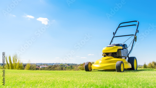 Lawn mower on green grass on beautiful lawn on landscape background with clear blue sky. Machine for cutting lawns. Gardening care tools and equipment. Banner size, copy space