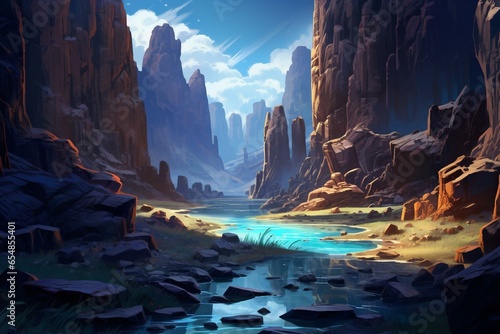 A painting of a river surrounded by mountains, rocks, and a narrow canyon with water. Generative AI