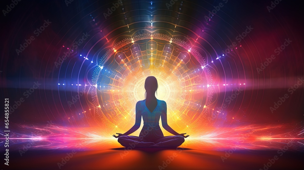 Chakra and light during meditation in silhouette