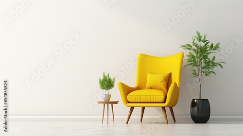 Yellow armchair in modern minimalist interior 3D rendering