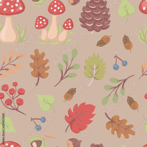 autumn  leaves mushroom fly agaric yellow nuts, chestnut hand drawn bright colors orange brown colors individual elements on a white background harvest holiday