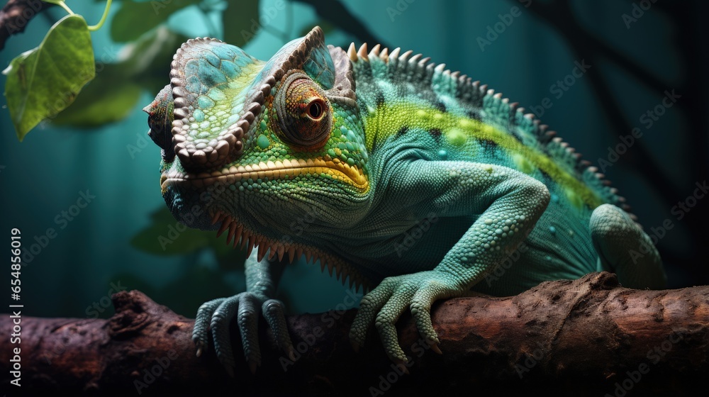 Fototapeta premium Close up of a magnificent chameleon on a tree branch with wide open eyes