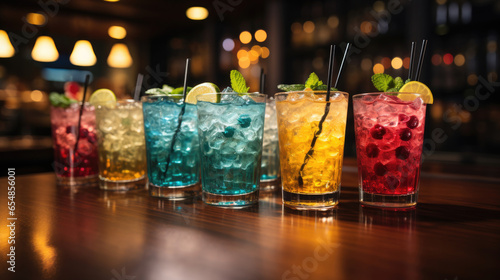 Glasses with different summer cocktails on wooden bar