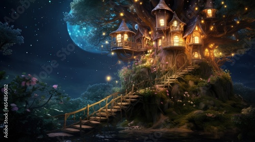 Enchanting tree house in a nighttime forest