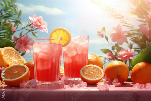 Outdoors in the Sun, Oranges and Flowers Adorning a Glass with Pink Drink and Ice Cubes, Refreshing Natural Atmosphere