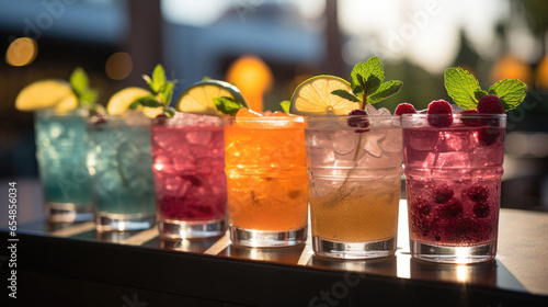 Glasses with different summer cocktails on swimming pool