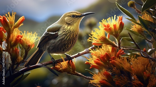 Obraz na plátně Tūī bird from New Zealand with yellow pollen on its beak feeding on harakeke flo