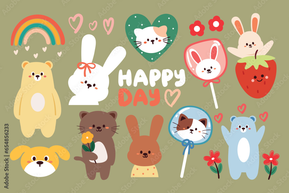 Naklejka premium set of cartoon cute animal element sticker. for kids sticker, cute doodle collection