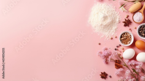 Baking ingredients on pink ...