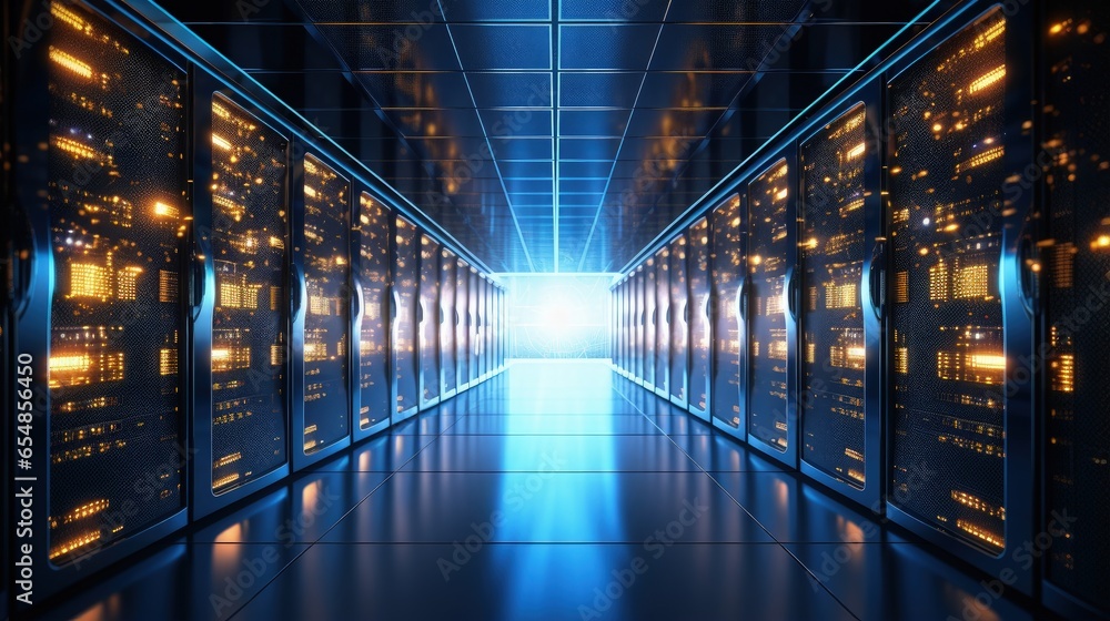 3D illustration of a data center with working panels and servers for big data solutions and internet connections