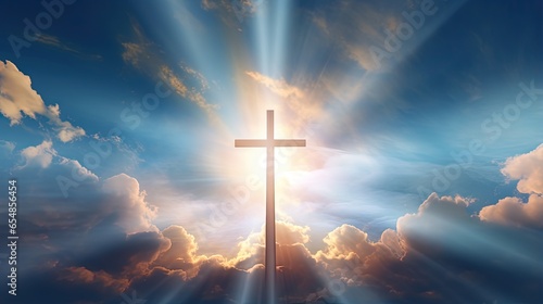 Christian cross shines brightly in the sky with love hope and freedom © vxnaghiyev